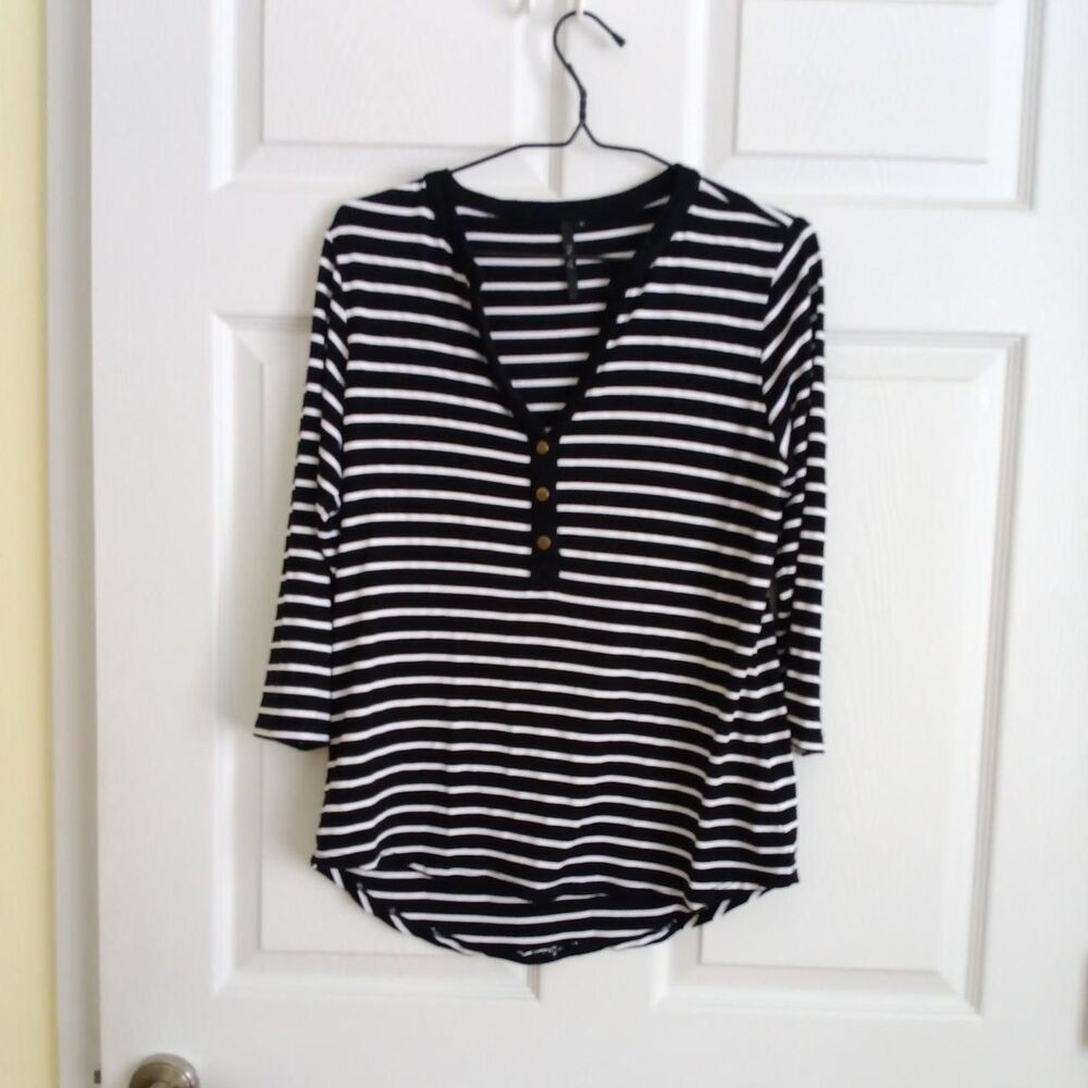 Black & White Striped Henley Top by Cathy Size S